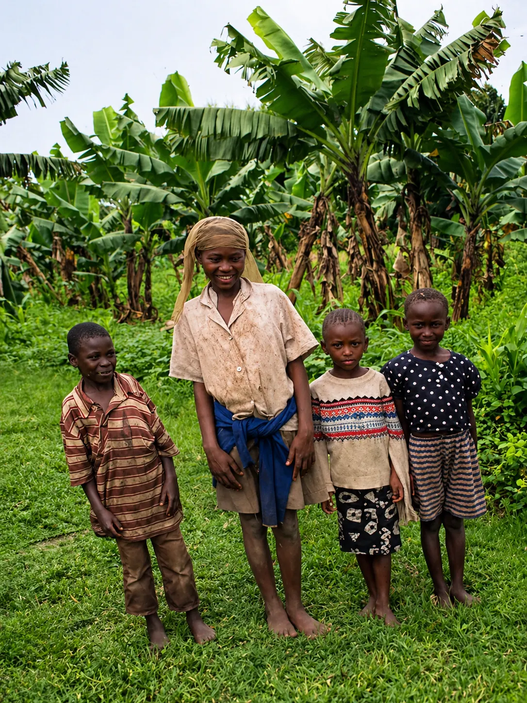 A young woman standing with three children in front of banana trees in rural Uganda.